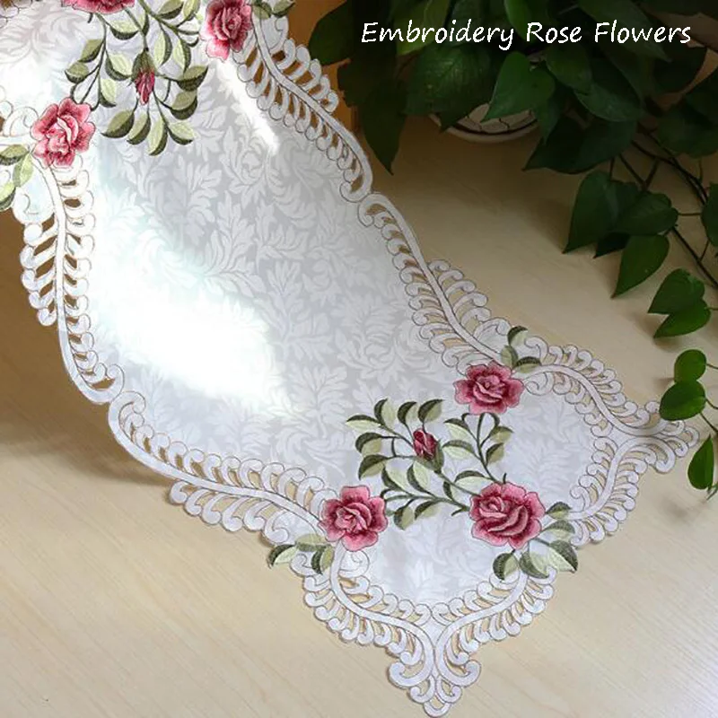 Luxury satin Rose Embroidery bed Table flag Runner cloth cover kitchen Christmas Wedding party Table decoration and accessories