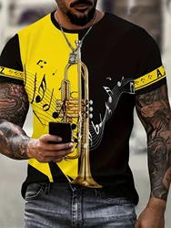 2024 New Men's Yellow Black Contrast Saxophone Pattern 3D T-Shirts Summer Trendy T-shirt Men's Cothing top&tee