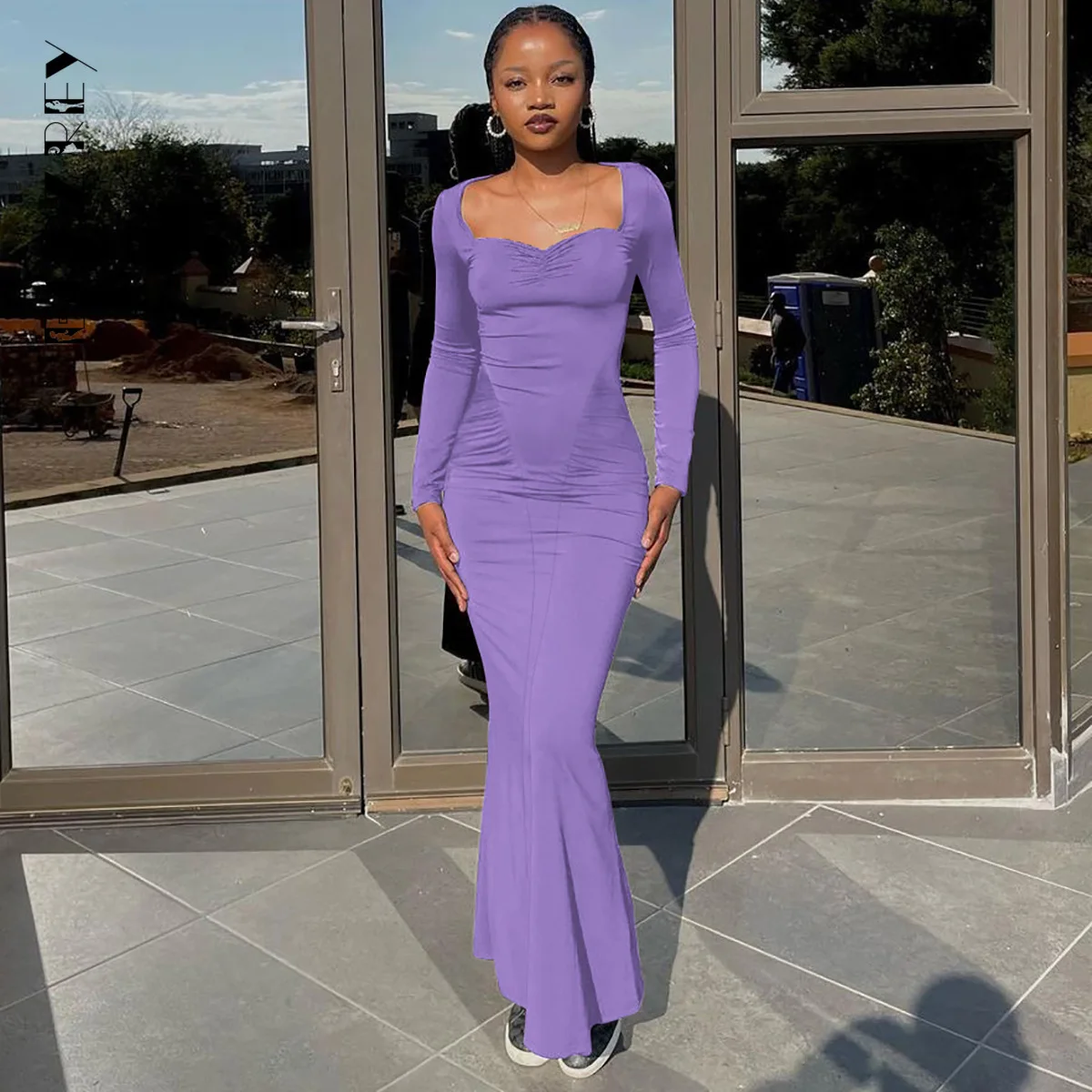 

BoozRey, Новинка осени 2024, модное облегающее плиссированное платье с длинным рукавом, однотонный пуловер с U-образным вырезом, натуральное сексуальное Макси-платье для женщин