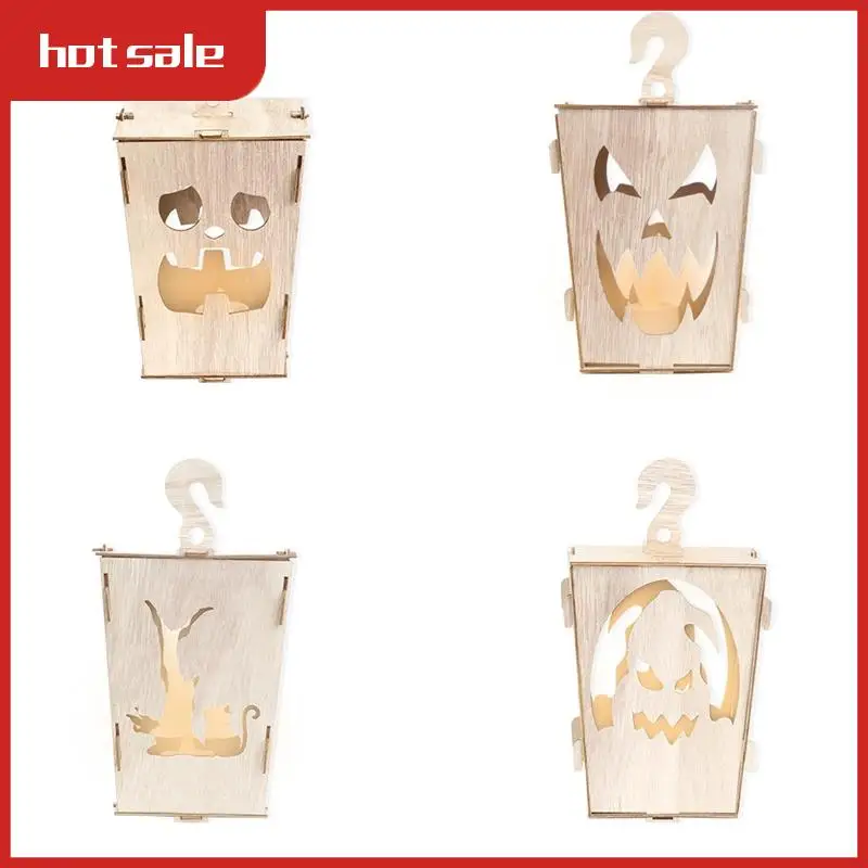 A50M-Halloween Wooden Lighted Pumpkin For Tabletop, Light Up Pumpkin Ghost Lamp Lantern Shadow Box Halloween Decoration