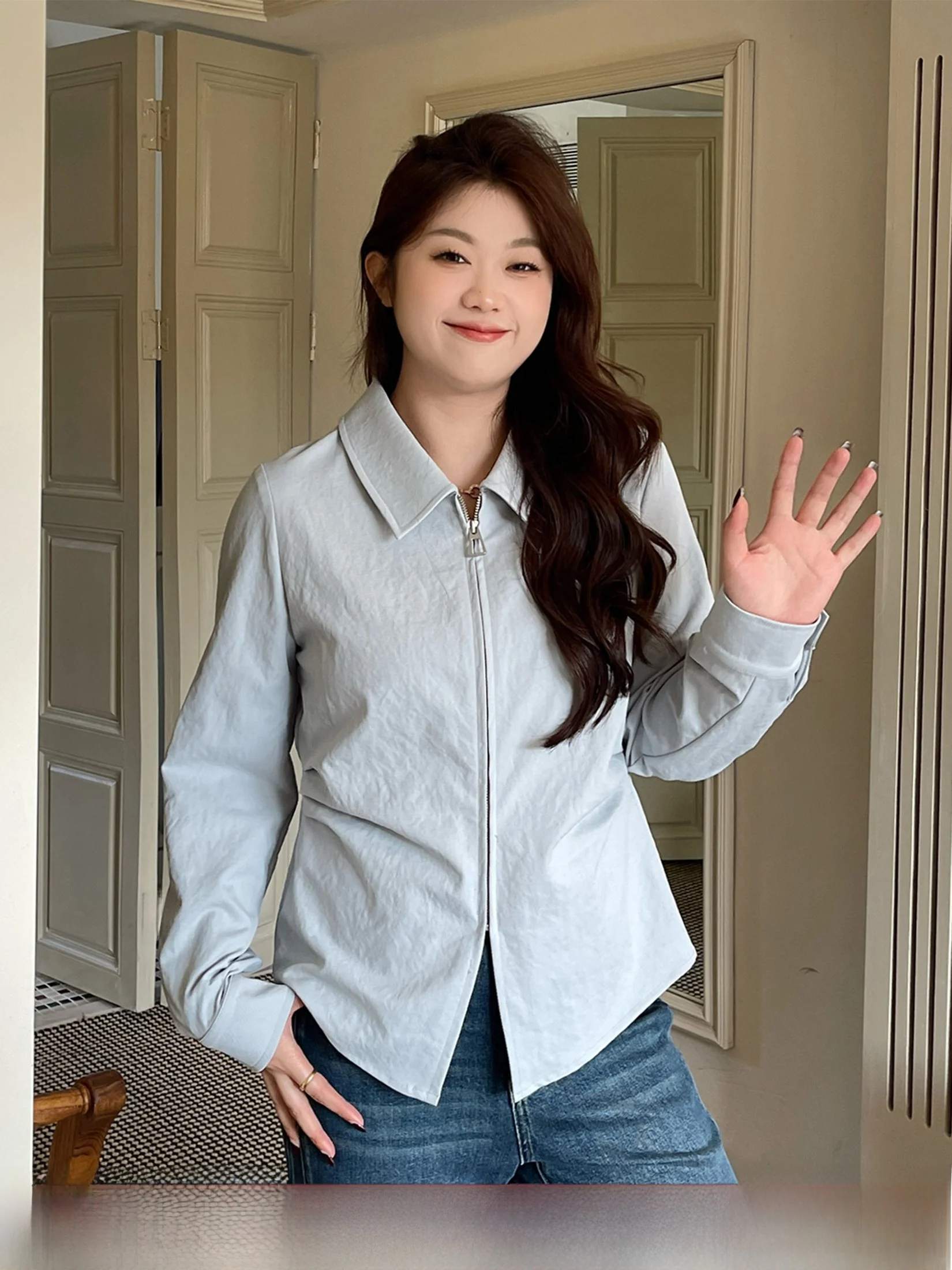 

Женская повседневная кофта Bla Label с молнией, длинным рукавом, отложным воротником, утягивающим поясом, для осени и зимы, больших размеров