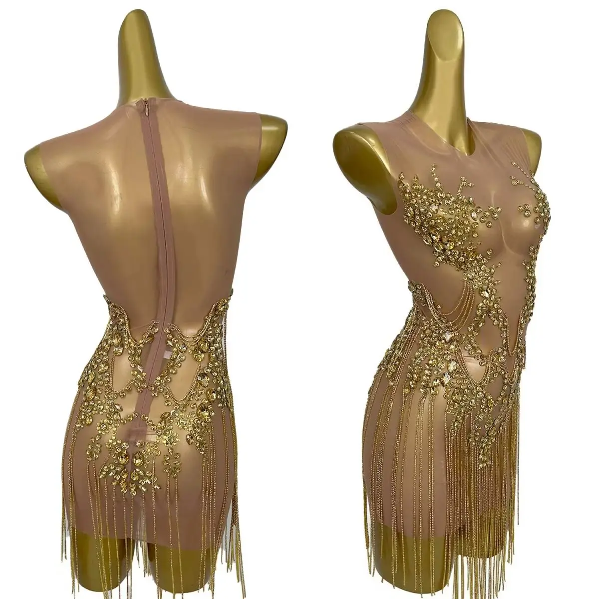 Sparkly Crystals Fringes See Through Mesh Mini Dress Night Party Sexy Outfit Tight Fitting Ultra Short Dress Show Wear Zuanhua