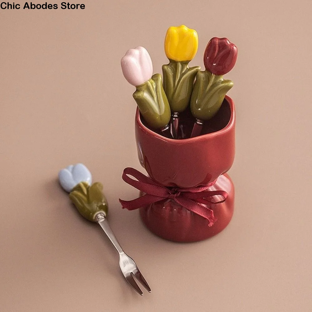 

Tulip Shape Fruit Forks Set Creative Ceramic Jar Stainless Steel Fork Household Comfortable Grip Fruit Receipt Jar