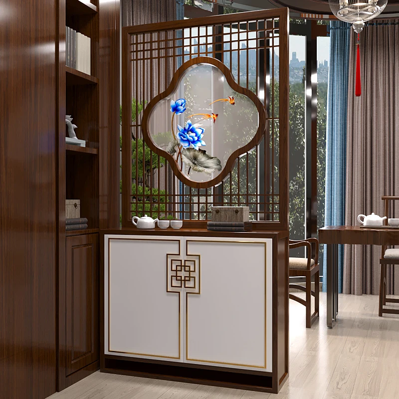 

New Chinese solid wood screen partition living room double-sided embroidery modern entrance cabinet locker shoe cabinet simple