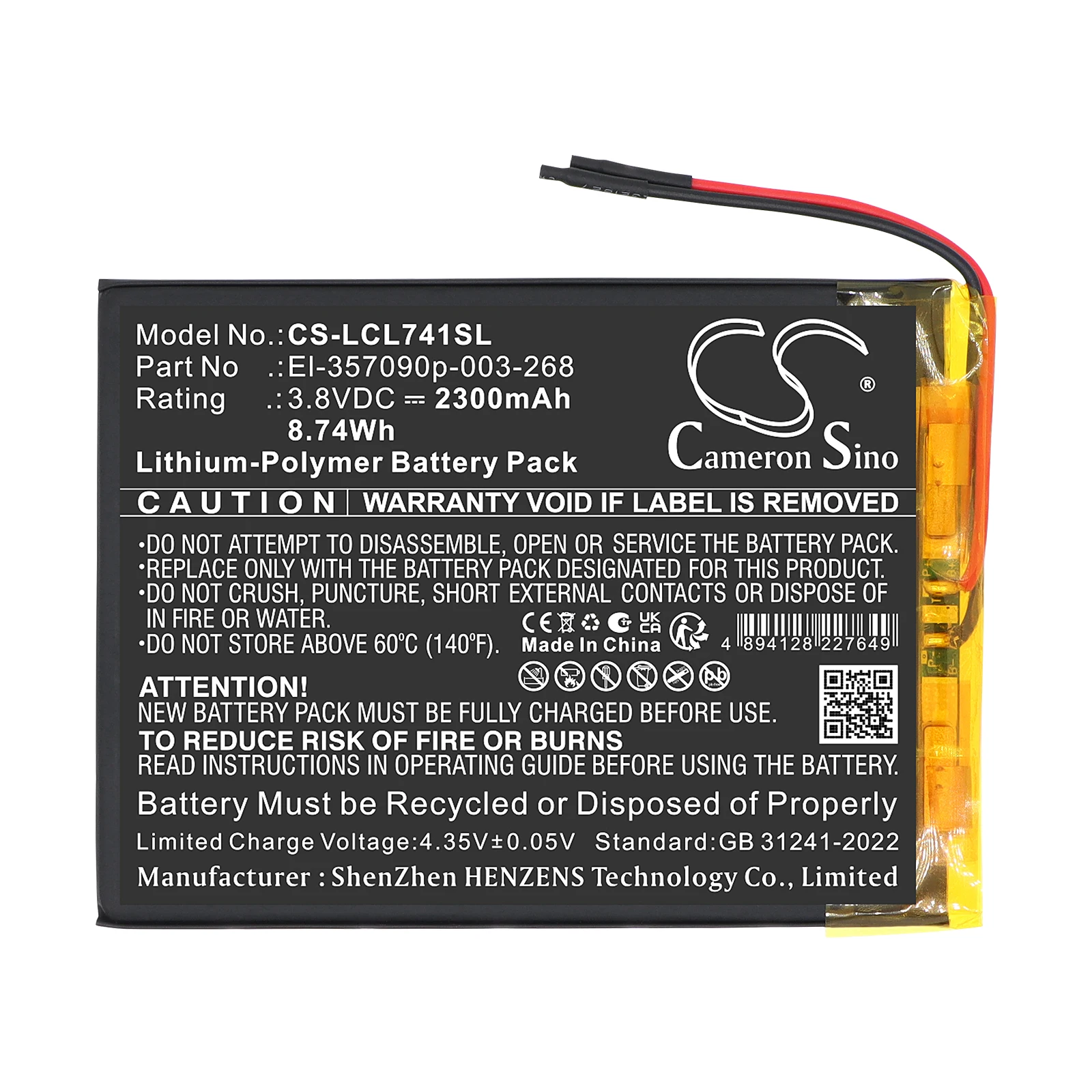 

Cameron Sino 3.8V 2300mAh Replacement Tablet Battery EL-357090p-003-268 for Logicom L-ement Tab 741 +TOOLS KIT