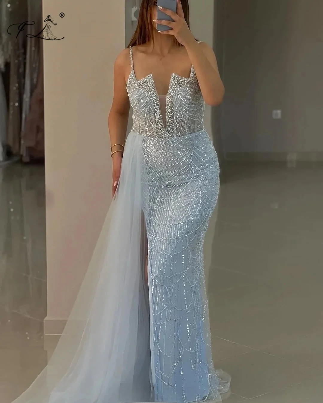 Sky Blue Beaded Prom Dresses Mermaid Spaghetii Sexy Cocktail Dresses Evening Party Dresses For Women Birthday Dresses Customized