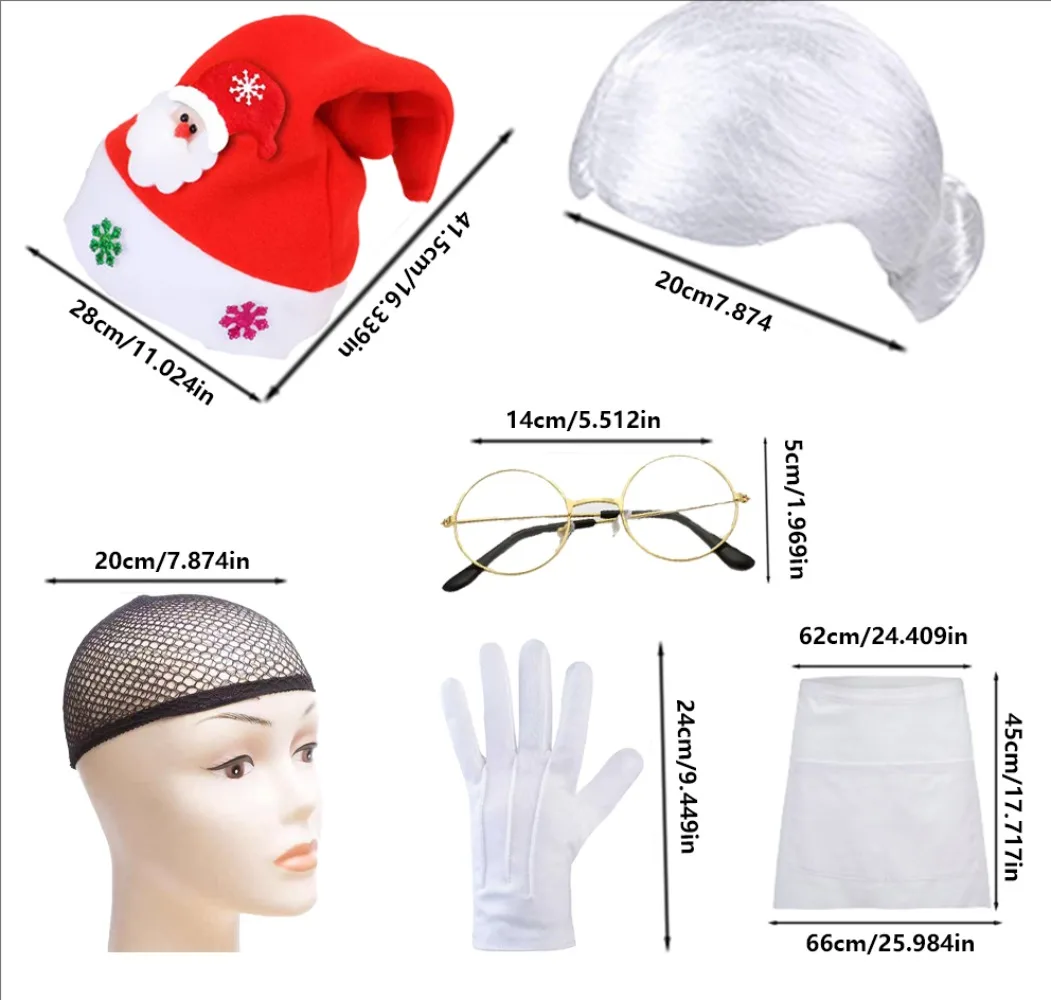 Conjunto de adereços de dramatização com tema de Natal PESENAR (incluindo chapéu de Natal, peruca branca, óculos, luvas, avental, etc.)