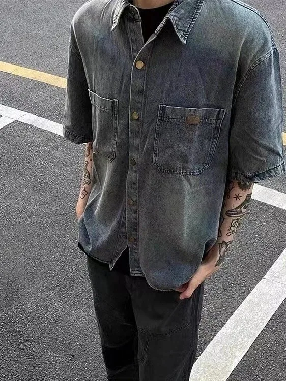 

Retro Blue Denim irt Men's ort Sve Summer Turn-down Collar Trendy Haome High-end Feelings Workwear f-sve Jaet