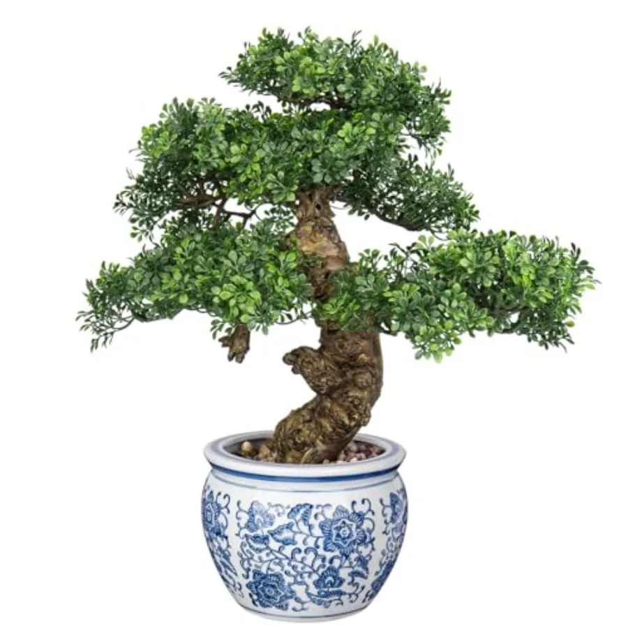 

Fake Bonsai Tree Bonsai Plant 17" Tall Artificial Bonsai Trees with Blue and White Porcelain Decorated with Pebbles Desk Plant