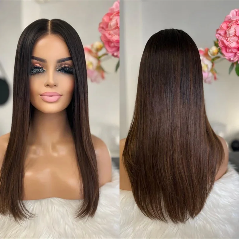 

Синтетический парик с HD-кружевной передней частью, омбре, теплый темно-коричневый с мелированием, натуральные прямые волосы, без клея, с предварительно выщипанной линией роста волос и бэби-хейзерами