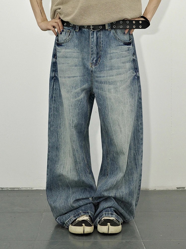 

Retro Light Blue Men Women Straight Leg Jeans Tree Texture Washed Denim Long Pants Cleanfit High Waist Button Fastening Casua...