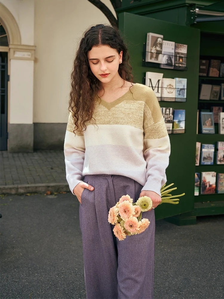 

OLrain Women's Casual Sweaters V-neck Long Sleeve Stripe Jumpers 2025 Autumn Soft Loose Fit Jumpers Female Clothing O23DM86219