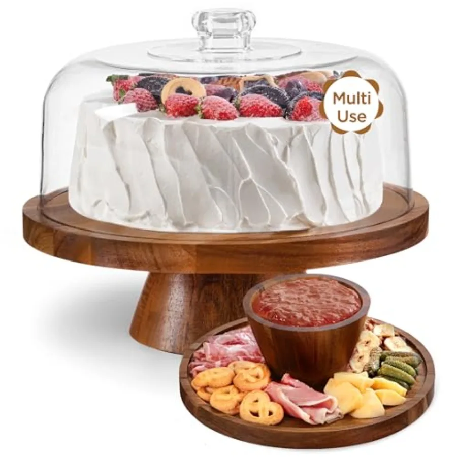 

Подставка для торта с крышкой из стекла, 11,4 дюйма, многофункциональная подставка для торта с куполом, из акации, 6-в-1, подставка для торта с крышкой