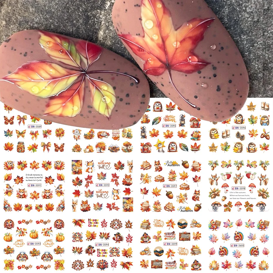 12 Designs Autumn Nail Stickers Cartoon Fall Maple Leaves Pumpkin Squirrel Decal Water Transfer Sliders DIY Manicure Decor Foils