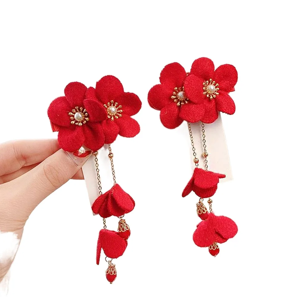 1 Pair Chinese Style Bow Child Hair Pin Girl Pearl Tassels Flower New Year Headdress Cute Sweet Red Autumn Winter Headwear