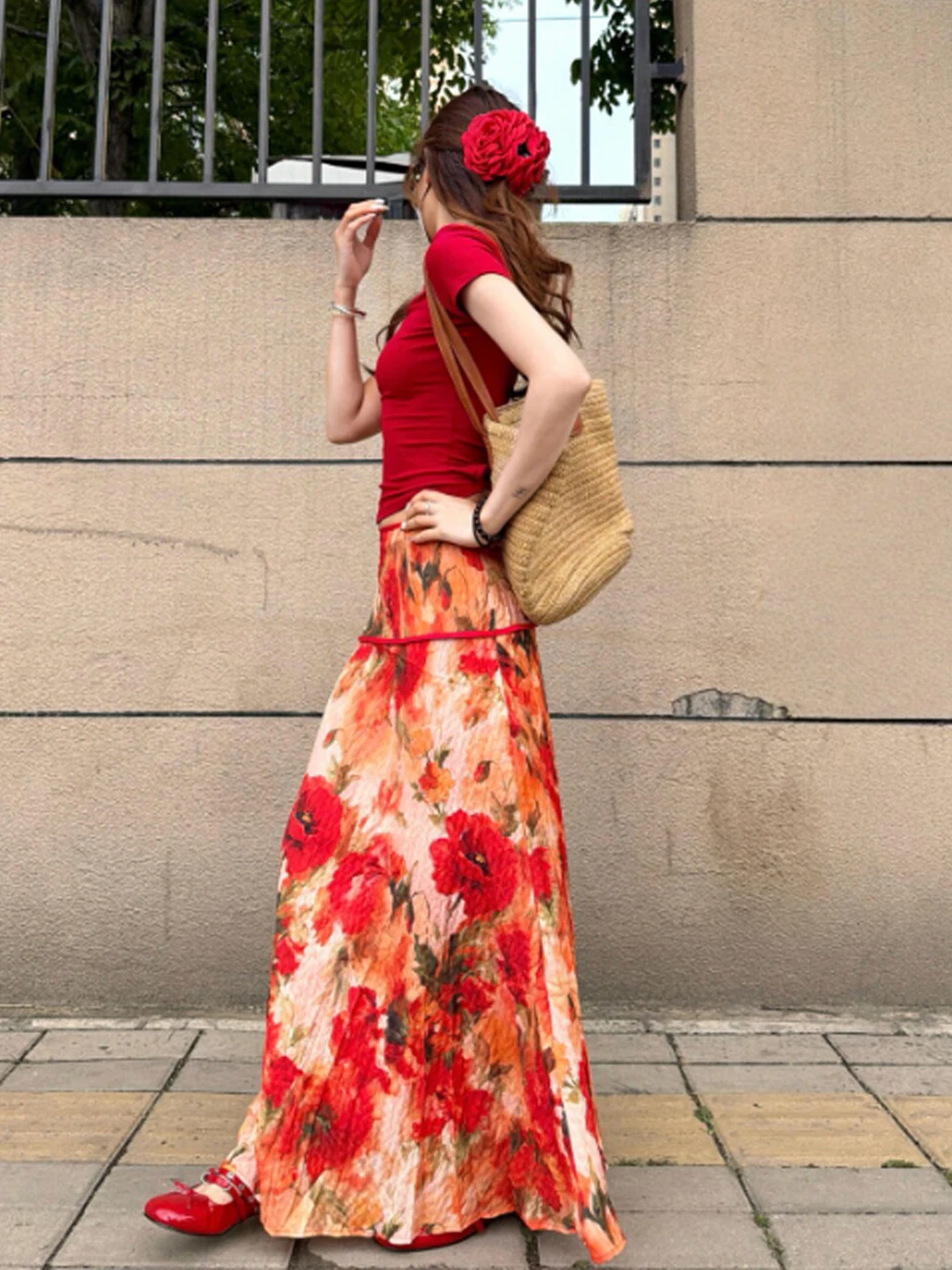 

Retro Unique Short Sleeve Printed Top And Half Skirt Two Piece Set Complete Ootd Summer Fashion Women's Comfortable Cotton Blend