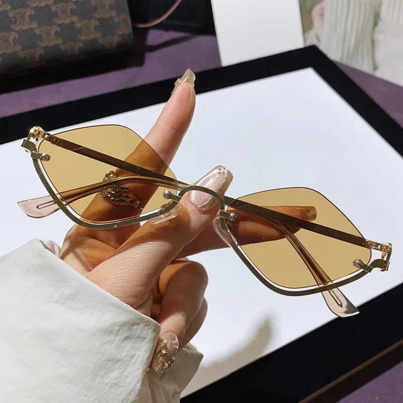Metal Women Simple Trend Sunglasses Men 2025 New Half Frame Diamond Shaped Sunglasses Dopamine Small Frame Outdoor Sunglasses image 6