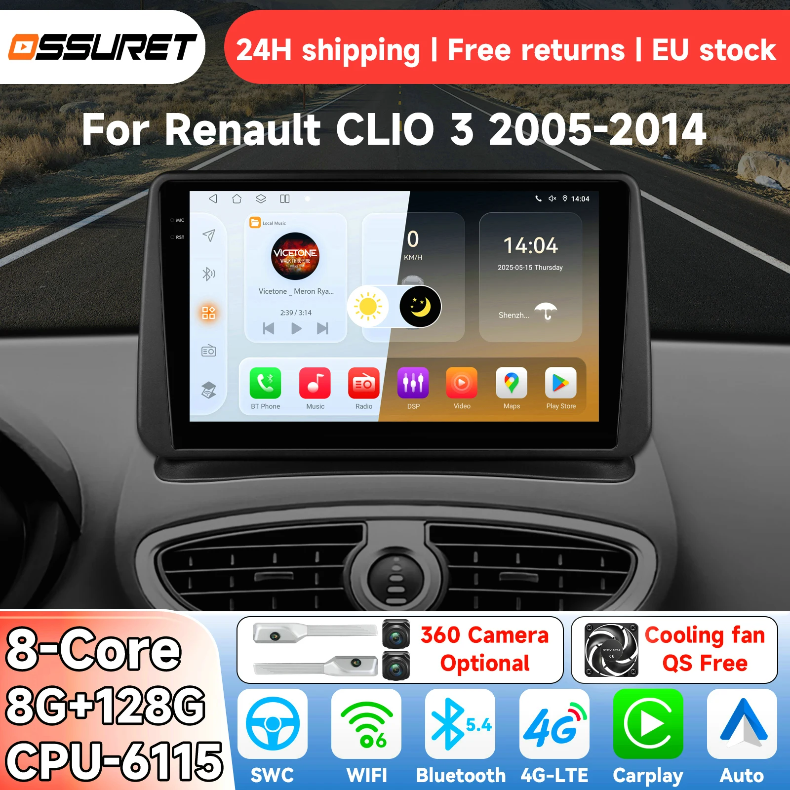 OSSURET Android 14 Autoradio per Renault Clio 3 2005 2006 2007-2014 Sistema Intelligente Carplay Auto Lettore Multimediale Video GPS 4G 6115