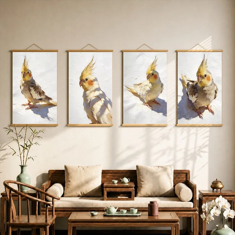 Kawaii Pearlescent Canvas Wall Decor Hanging Scroll Cute Yellow Birds with Curious Expressions for Children's Bedroom Room Decor