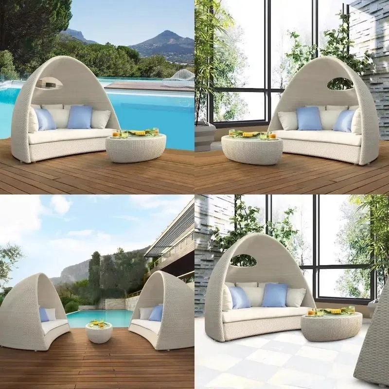 Outdoor PE Rattan Double Recliner Sofa Bed Modern Simple High Elastic Cushion Anti UV Durable