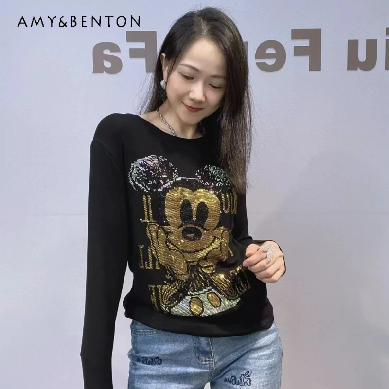 Populaire Lange Mouwen Innerlijke Slijtage Dieptepunt Shirt Dames Zwart O-hals Slim Fit Tees Zware Strass Kawaii Trui T-shirt Top