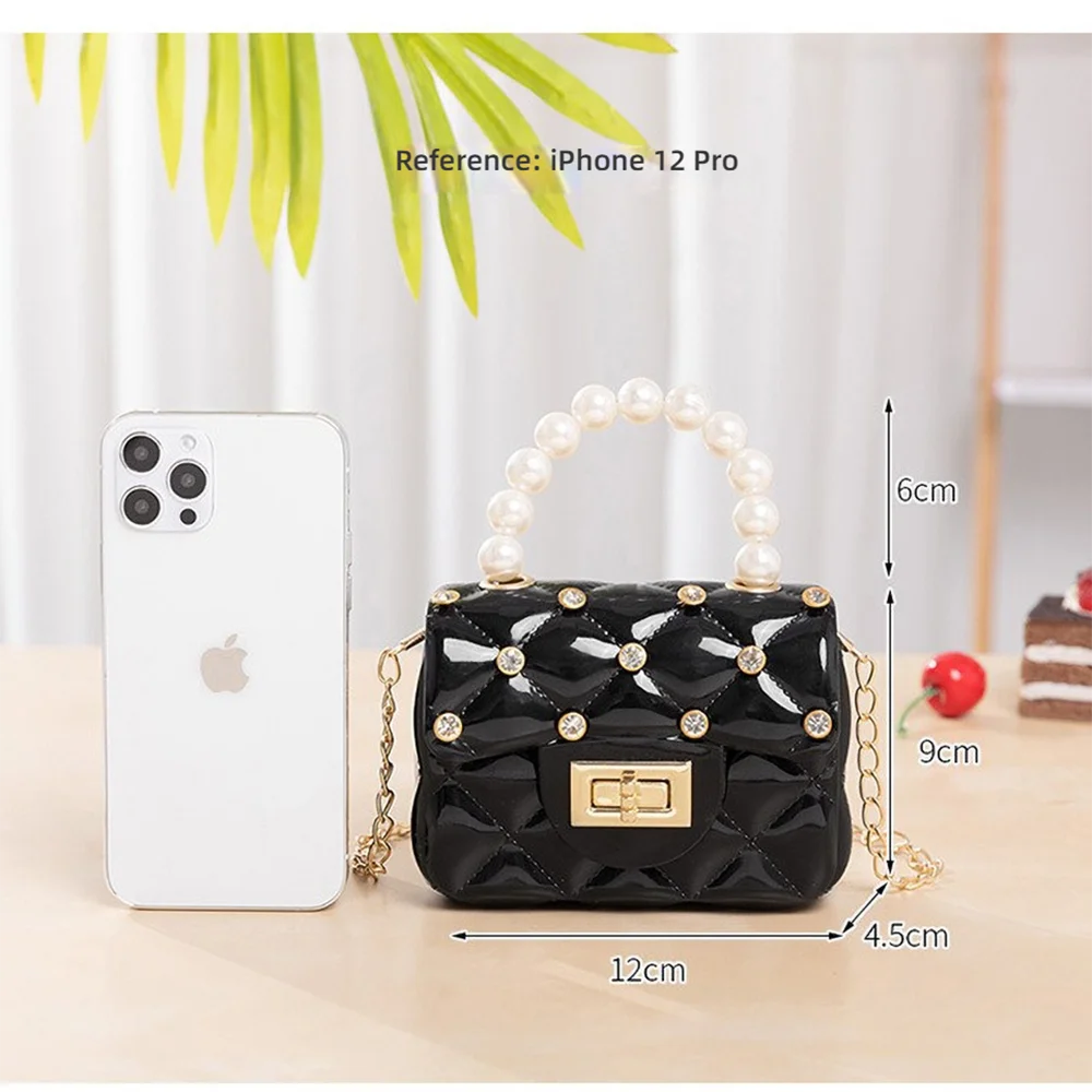 حقيبة يد عصرية بمقبض لؤلؤي - محفظة جيلي صغيرة منقوشة مع ديكور أظافر ماسية، حقيبة كتف نسائية عصرية #3