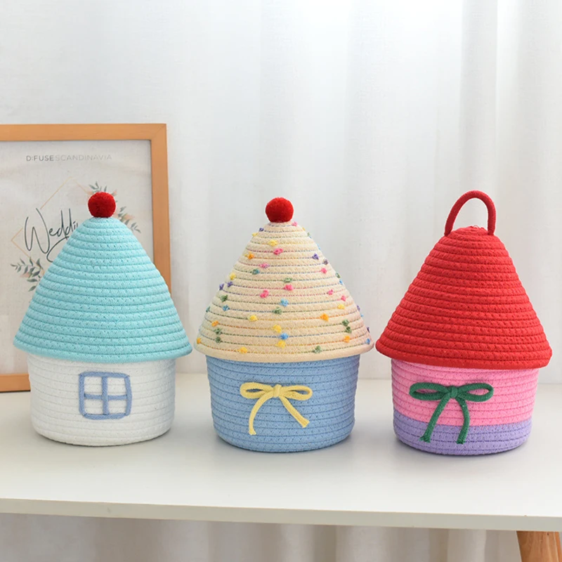 

Creative Cotton Woven Storage Basket Cute Creative Living Room Bedroom with Cover Small House Storage Basket Decoration