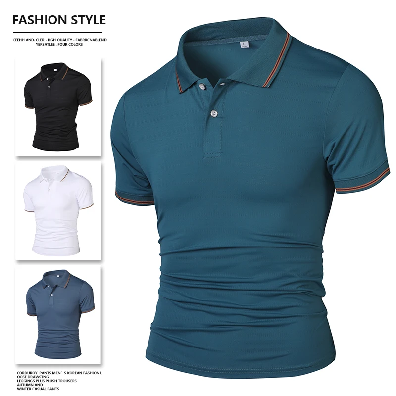 Men Summer Ice Silk Polo Shirt Contrast Gold Striped Collar Short Sleeve T-Shirt Slim Fit Breathable Business Casual Solid Color