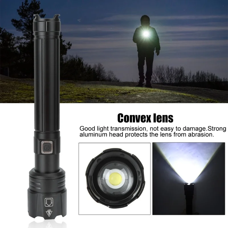 P90 Super Bright IPX4 Waterproof LED Flashlight USB Charging Zoom Tactics Torch With Power Display For Outdoor CampingBlack