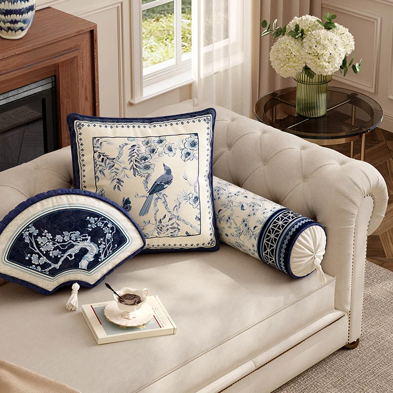 Blue White Porcelain Cushion Cover Chinoiserie Throw Pillow Case 45cm Square Velvet Floral Decoration For Bed Sofa Couch Luxury