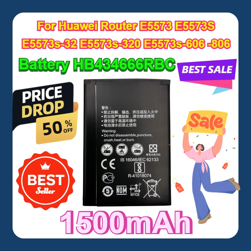 Huaweiルーター用大容量バッテリー,1500mah,hb434666rbc,e5573,e5573s,E5573S-32, E5573s-320, E5573s-606 -806