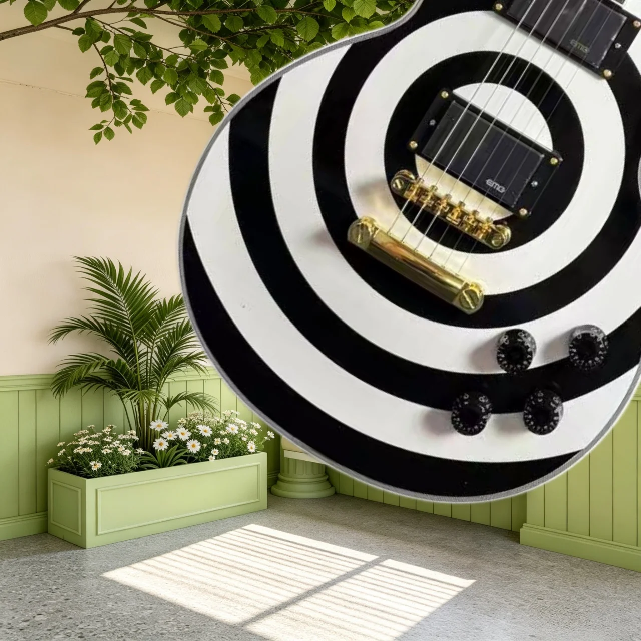 LPA Electric Guitar Mahogany Body Rosewood Fretboard Black White Bullseye Graphic EMG Pickups Heavy Metal Rock Stage Performance