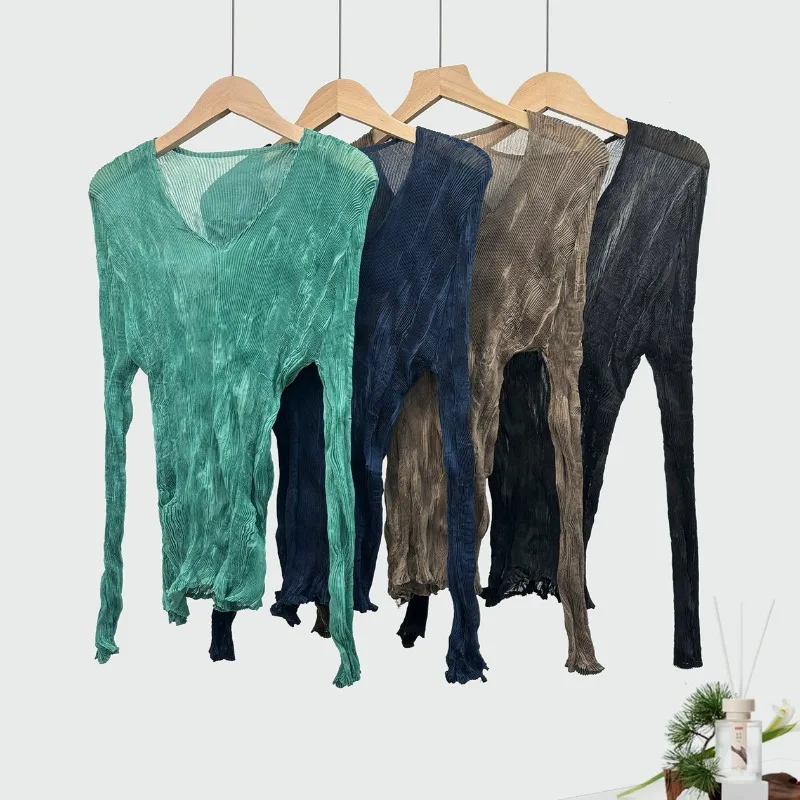 

Женская элегантная облегающая футболка с v-образным вырезом Miyake, простая футболка с длинными рукавами для похудения, верхняя одежда, легкий вес без морщин