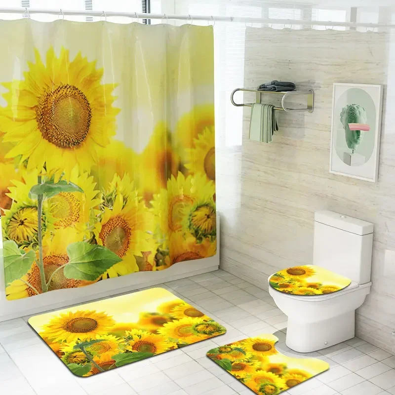 Volledig Scherm Van Zonnebloemen Patroon Douchegordijnen Set Antislip Wc Polyester Cover Mat Waterdicht Badkamergordijn