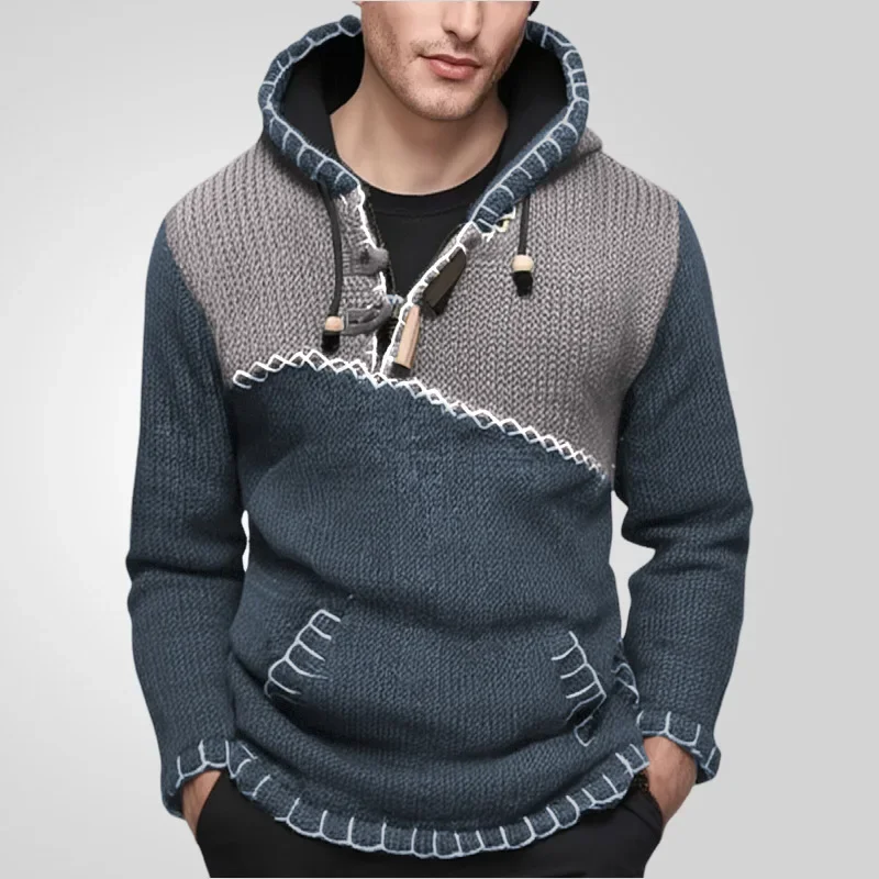 American Men's Fashion Long-sleeved Color-blocked Knitted Sweater. Casual Hand-crocheted Hooded Pullover Sweater. M-XXXL