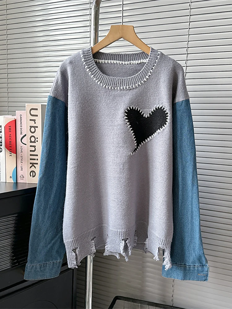 DEAT Women\'s Sweater Knitted Spliced Heart Loose Patchwork Fake 2 Pcs Burrs Edge Pullover Autumn 2024 New Fashion 29L8327