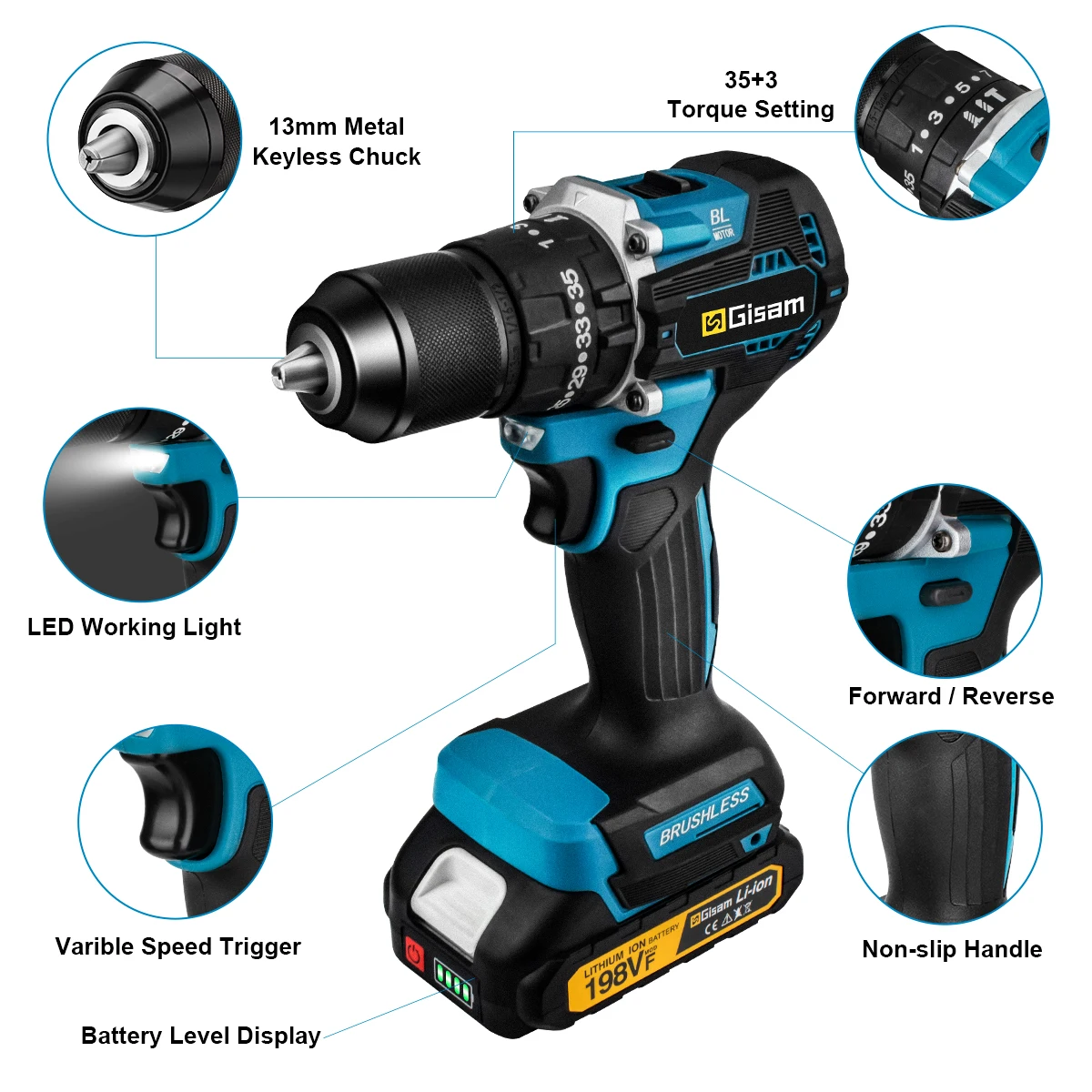 Gisam 65N.m 13MM 35+3 Torque Brushless Electric Impact Drill Cordless Electric Screwdriver DIY Power Tool For Makita 18V Battery