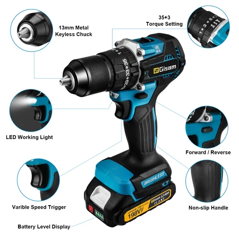 Бесщеточная аккумуляторная дрель Gisam 65 Нм для Makita 18 В — детальный вид товара