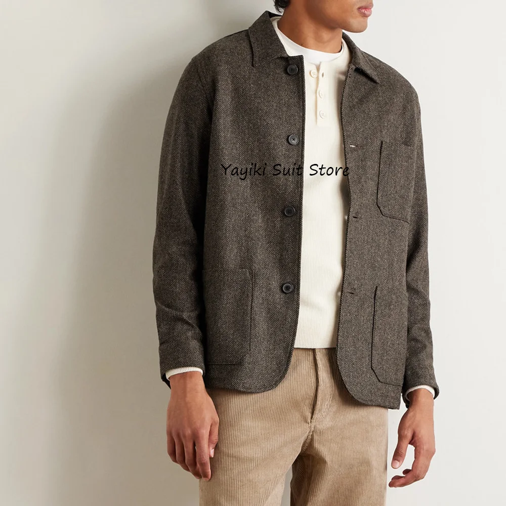 Men's Social Coat Casual Man Jackets High Quality Lapel Square Pockets Fashion Suit Large Herringbone Fabric Four Buttons Suits