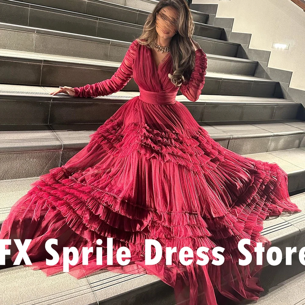 CustomizedBlue Tiered Tulle See Through Long Sleeves Evening Dress Elegant Floor Length A-Line V-Ncek Saudi Arabia Special Occas