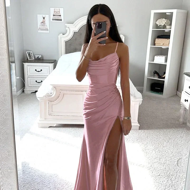 Sexy Women Corset Party Dress Elegant Strap Sleeveless High Waist Slit Folds Halter Satin Evening Graduation Dress Y2K Clothes