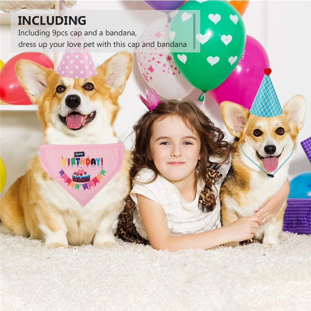 

9 Pieces Pet Birthday Decorations Kit with Bandana Assorted Colors Dog Cat Party Hat Set Lovely Animal Theme Accessories