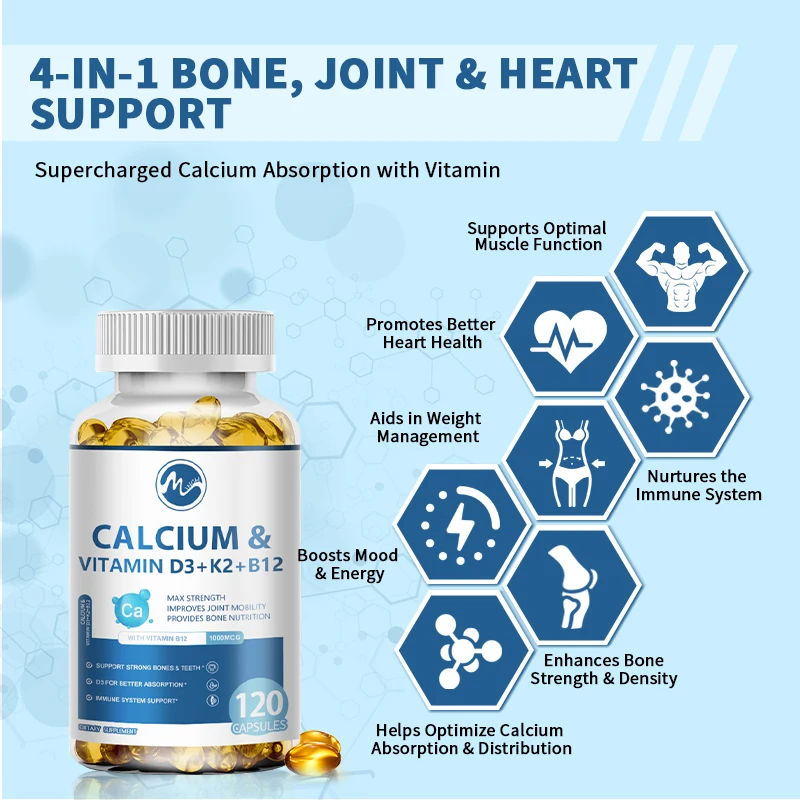 Calcium + Vitamins D3, K2 & B12 Supplement - Supports Bone, Teeth & Muscle and The Immune System Health