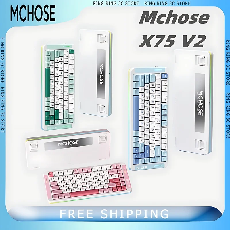 

Механическая клавиатура mchoose X75 V2, трехрежимная клавиатура с функцией горячей замены, игровая клавиатура с поддержкой Bluetooth PBT, с прокладкой