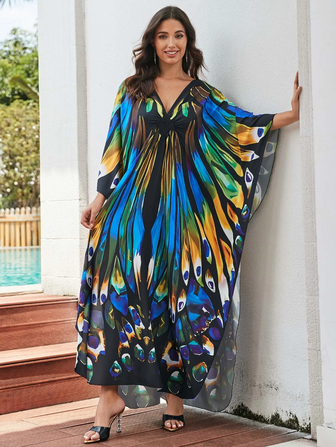 Beach Kaftans Butterfly Swing stampato Cover up per costumi da bagno donna Summer Holiday Maxi abiti costume da bagno costumi da bagno vendita