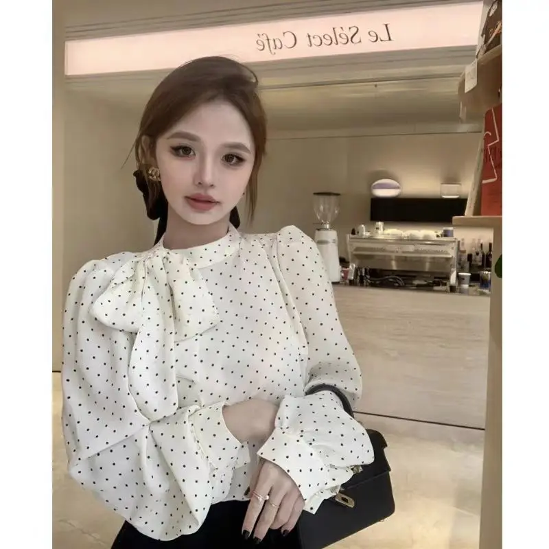 Fashion Bow Blouse 2024 New Spring Autumn Fashion Polka Dot Chiffon Half Height Collar Long Sleeve Shirts Women Clothing Elegant