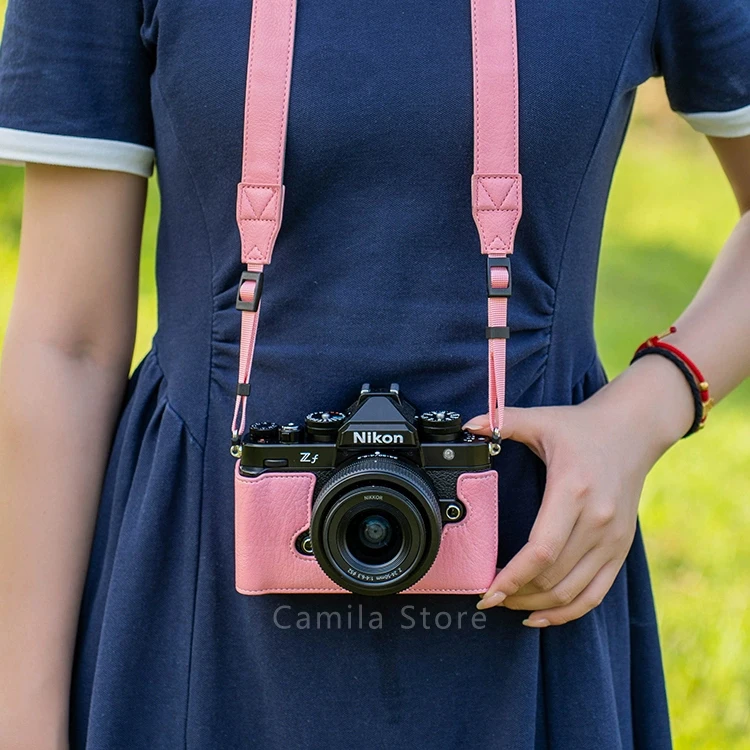 Ręcznie wykonany aparat fotograficzny Litchi ziarno antypoślizgowe ze skóry PU etui na obudowę NIKON Z-F ZF ochronna podstawa z otwartym akumulatorem