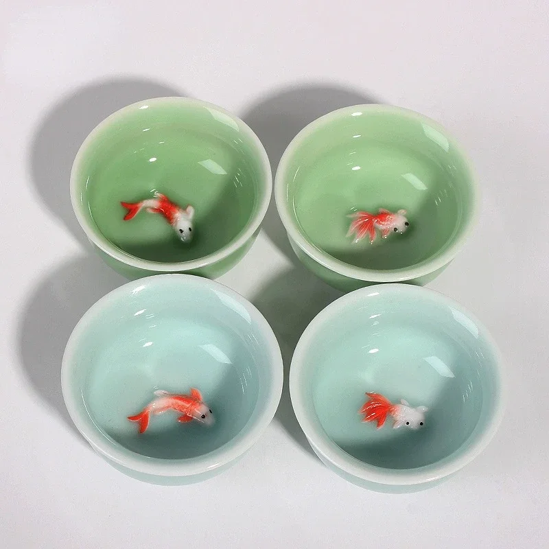 50ml Porcelain Chinese Ceramic KungFu Tea Cup Celadon Azure/Green Creative Carp Goldfish Small Teacup Drinkware Wholesale