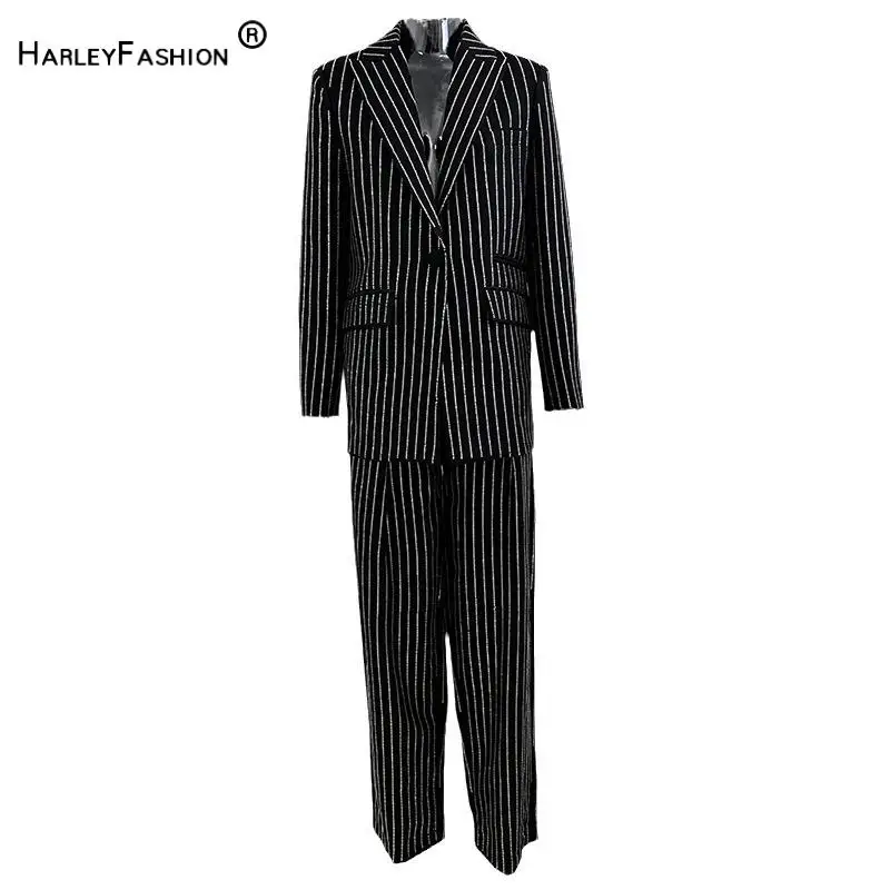 

In Stock Lady Formal Workwear 2Pcs Hot Drilling Lines Long Sleeve Single Button Blazer Loose Pants Solid Suit