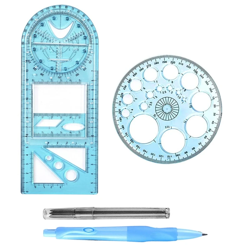 Multifunctional Geometric Ruler, Geometric Drawing Template Measuring Tool For School Office With Pencil
